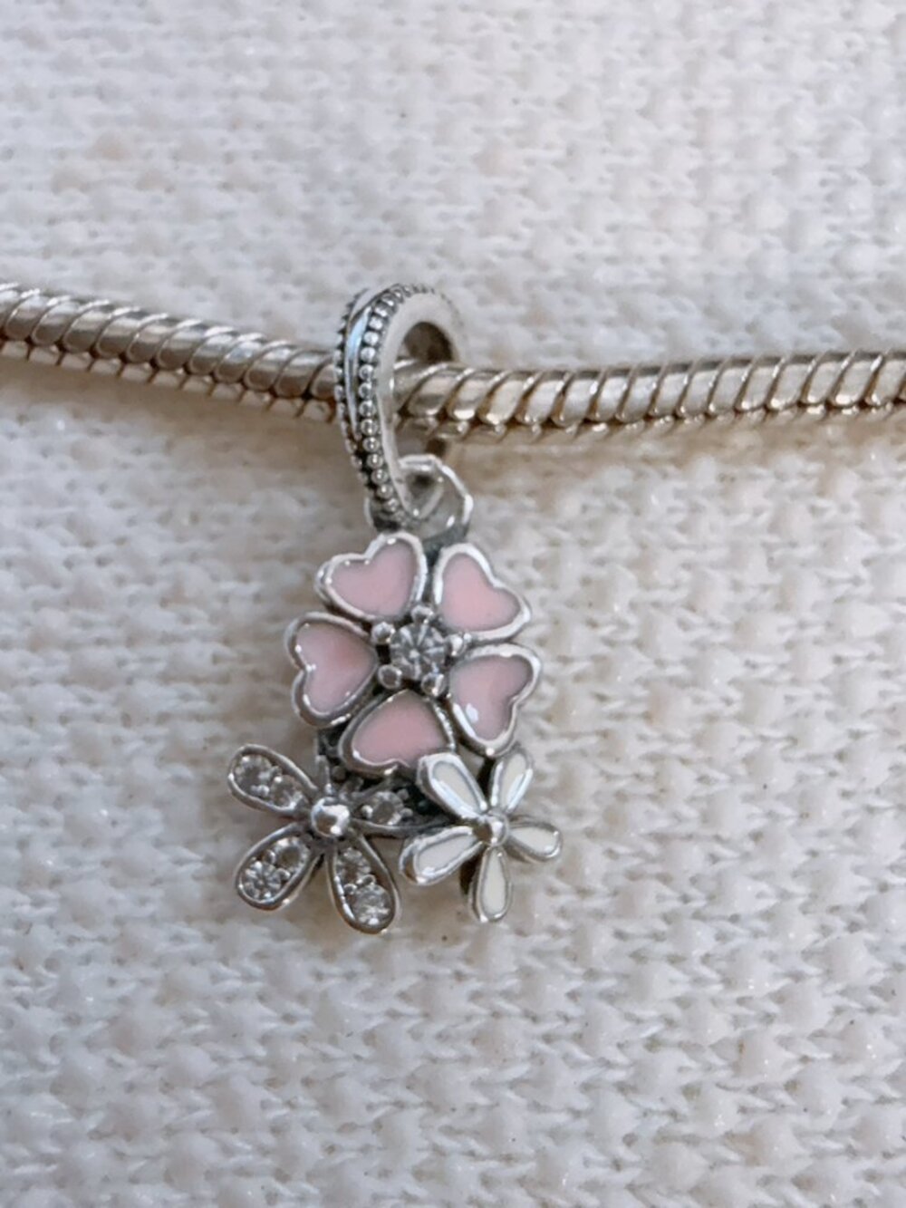 Poetic Blooms Flowers Pink Enamel CZ Bead Dangle Charm For Pandora Bracelet